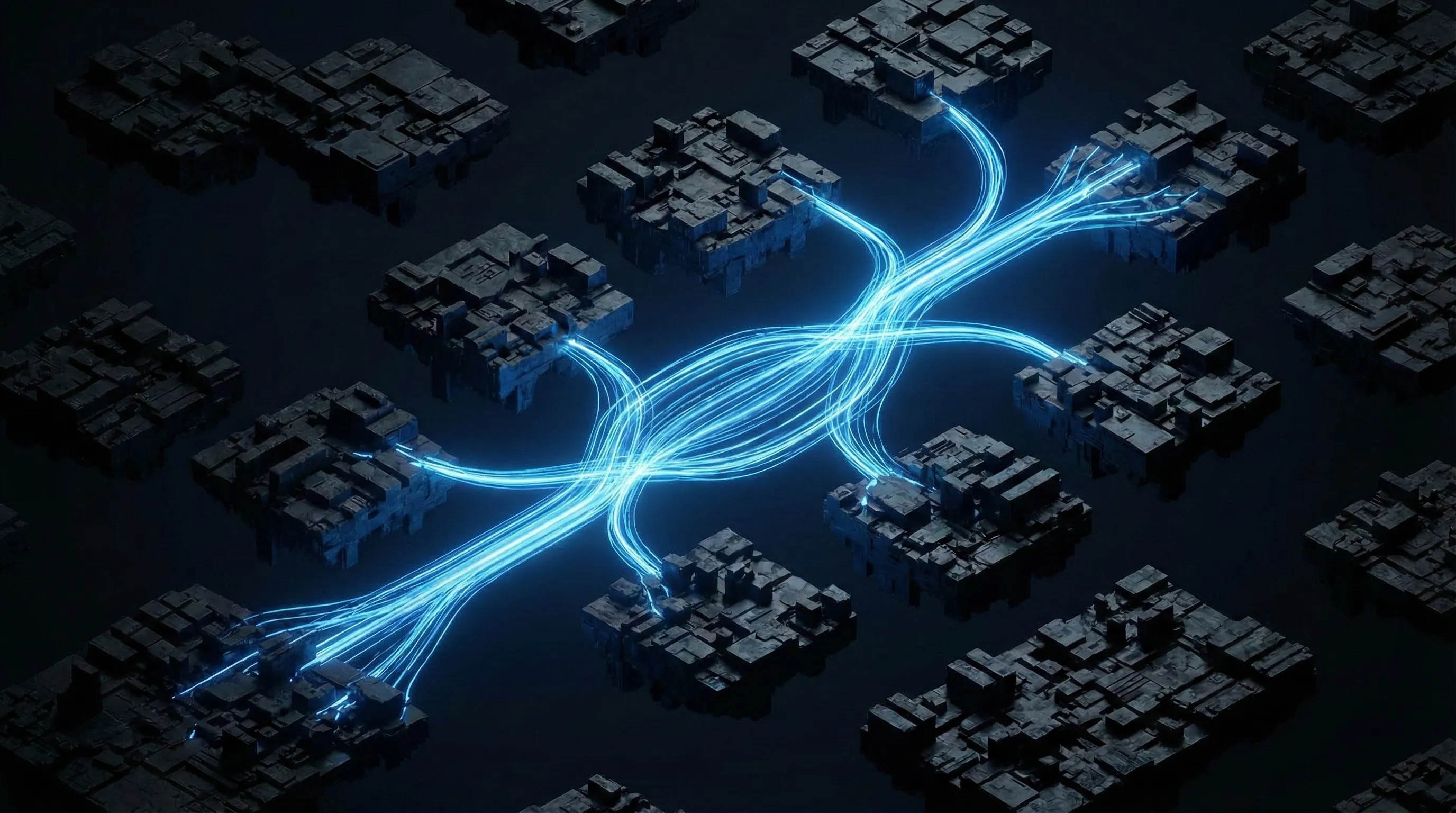 Conceptual illustration of fragmented data silos being united by a glowing digital fabric.